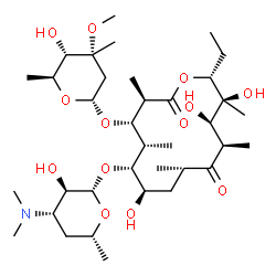 ChemSpider 2D Image | (3R,4S,5S,6R,7R,9S,11R,12R,13S,14R)-6-{[(2S,3R,4S,6R)-4-(Dimethylamino)-3-hydroxy-6-methyltetrahydro-2H-pyran-2-yl]oxy}-14-ethyl-7,12,13-trihydroxy-4-{[(2R,4R,5S,6S)-5-hydroxy-4-methoxy-4,6-dimethylte
trahydro-2H-pyran-2-yl]oxy}-3,5,9,11,13-pentamethyloxacyclotetradecane-2,10-dione | C36H65NO13