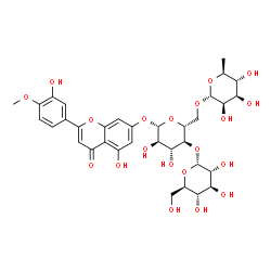 ChemSpider 2D Image | 5-Hydroxy-2-(3-hydroxy-4-methoxyphenyl)-4-oxo-4H-chromen-7-yl 6-deoxy-alpha-L-mannopyranosyl-(1->6)-[alpha-D-glucopyranosyl-(1->4)]-beta-D-glucopyranoside | C34H42O20