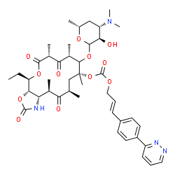 ChemSpider 2D Image | (3aS,4R,7R,9R,11R,13R,15R,15aS)-4-Ethyl-7,9,11,13,15-pentamethyl-2,6,8,14-tetraoxo-10-{[3,4,6-trideoxy-3-(dimethylamino)-D-xylo-hexopyranosyl]oxy}tetradecahydro-2H-oxacyclotetradecino[4,3-d][1,3]oxazo
l-11-yl (2E)-3-[4-(3-pyridazinyl)phenyl]-2-propen-1-yl carbonate | C43H58N4O12