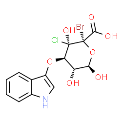 ChemSpider 2D Image | (2S,3R,4R,5R,6R)-2-Bromo-3-chloro-3,5,6-trihydroxy-4-(1H-indol-3-yloxy)tetrahydro-2H-pyran-2-carboxylic acid | C14H13BrClNO7
