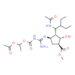 ChemSpider 2D Image | Methyl (1S,2S,3S,4R)-3-[(1S)-1-acetamido-2-ethylbutyl]-4-{(E)-[{[(1-acetoxyethoxy)carbonyl]amino}(amino)methylene]amino}-2-hydroxycyclopentanecarboxylate | C21H36N4O8