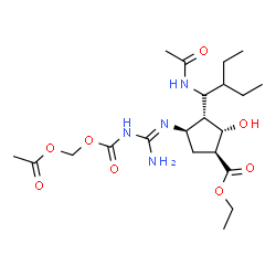 ChemSpider 2D Image | Ethyl (1S,2S,3S,4R)-3-[(1S)-1-acetamido-2-ethylbutyl]-4-{(E)-[{[(acetoxymethoxy)carbonyl]amino}(amino)methylene]amino}-2-hydroxycyclopentanecarboxylate | C21H36N4O8