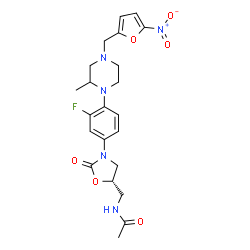 ChemSpider 2D Image | N-{[(5S)-3-(3-Fluoro-4-{2-methyl-4-[(5-nitro-2-furyl)methyl]-1-piperazinyl}phenyl)-2-oxo-1,3-oxazolidin-5-yl]methyl}acetamide | C22H26FN5O6