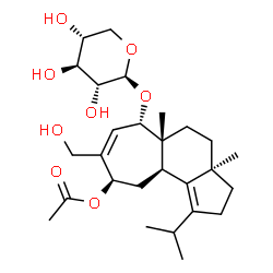 ChemSpider 2D Image | (3aR,5aR,6S,9R,10aR)-8-(Hydroxymethyl)-1-isopropyl-3a,5a-dimethyl-6-(beta-D-xylopyranosyloxy)-2,3,3a,4,5,5a,6,9,10,10a-decahydrocyclohepta[e]inden-9-yl acetate | C27H42O8