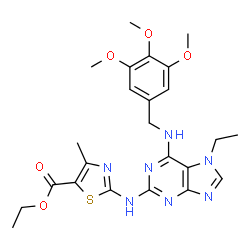 ChemSpider 2D Image | Ethyl 2-({7-ethyl-6-[(3,4,5-trimethoxybenzyl)amino]-7H-purin-2-yl}amino)-4-methyl-1,3-thiazole-5-carboxylate | C24H29N7O5S