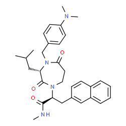 ChemSpider 2D Image | (2S)-2-{(3S)-4-[4-(Dimethylamino)benzyl]-3-isobutyl-2,5-dioxo-1,4-diazepan-1-yl}-N-methyl-3-(2-naphthyl)propanamide | C32H40N4O3