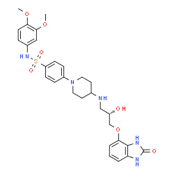 ChemSpider 2D Image | N-(3,4-Dimethoxyphenyl)-4-[4-({(2S)-2-hydroxy-3-[(2-oxo-2,3-dihydro-1H-benzimidazol-4-yl)oxy]propyl}amino)-1-piperidinyl]benzenesulfonamide | C29H35N5O7S