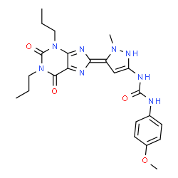 ChemSpider 2D Image | 1-[(5Z)-5-(2,6-Dioxo-1,3-dipropyl-1,2,3,6-tetrahydro-8H-purin-8-ylidene)-1-methyl-2,5-dihydro-1H-pyrazol-3-yl]-3-(4-methoxyphenyl)urea | C23H28N8O4