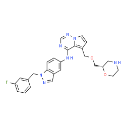 ChemSpider 2D Image | N-[1-(3-Fluorobenzyl)-1H-indazol-5-yl]-5-{[(2S)-2-morpholinylmethoxy]methyl}pyrrolo[2,1-f][1,2,4]triazin-4-amine | C26H26FN7O2