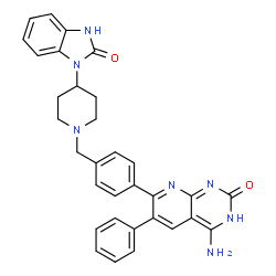 ChemSpider 2D Image | 1-{1-[4-(4-amino-2-hydroxy-6-phenylpyrido[2,3-d]pyrimidin-7-yl)benzyl]piperidin-4-yl}-1,3-dihydro-2H-benzimidazol-2-one | C32H29N7O2