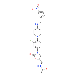 ChemSpider 2D Image | N-({(5S)-3-[3-Fluoro-4-(4-{[(5-nitro-2-furyl)methyl]amino}-1-piperidinyl)phenyl]-2-oxo-1,3-oxazolidin-5-yl}methyl)acetamide | C22H26FN5O6