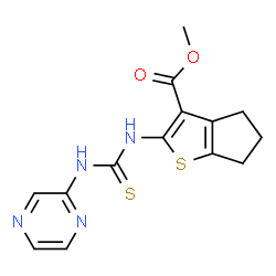 ChemSpider 2D Image | Methyl 2-[(2-pyrazinylcarbamothioyl)amino]-5,6-dihydro-4H-cyclopenta[b]thiophene-3-carboxylate | C14H14N4O2S2