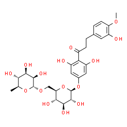 ChemSpider 2D Image | 3,5-Dihydroxy-4-[3-(3-hydroxy-4-methoxyphenyl)propanoyl]phenyl 6-O-(6-deoxy-alpha-L-mannopyranosyl)-beta-D-glucopyranoside | C28H36O15