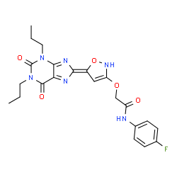 ChemSpider 2D Image | 2-{[(5Z)-5-(2,6-Dioxo-1,3-dipropyl-1,2,3,6-tetrahydro-8H-purin-8-ylidene)-2,5-dihydro-1,2-oxazol-3-yl]oxy}-N-(4-fluorophenyl)acetamide | C22H23FN6O5