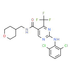 ChemSpider 2D Image | 2-[(2,6-Dichlorophenyl)amino]-N-(tetrahydro-2H-pyran-4-ylmethyl)-4-(trifluoromethyl)-5-pyrimidinecarboxamide | C18H17Cl2F3N4O2