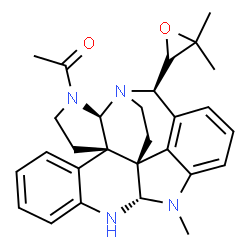 ChemSpider 2D Image | 1-[(2R,6S,14S,22S,25R)-25-(3,3-Dimethyl-2-oxiranyl)-15-methyl-1,3,13,15-tetraazaheptacyclo[18.4.1.0~2,6~.0~6,22~.0~7,12~.0~14,22~.0~16,21~]pentacosa-7,9,11,16,18,20-hexaen-3-yl]ethanone | C28H32N4O2