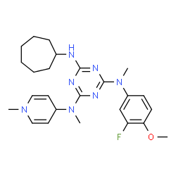 ChemSpider 2D Image | N~6~-Cycloheptyl-N~2~-(3-fluoro-4-methoxyphenyl)-N~2~,N~4~-dimethyl-N~4~-(1-methyl-1,4-dihydro-4-pyridinyl)-1,3,5-triazine-2,4,6-triamine | C25H34FN7O