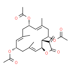 ChemSpider 2D Image | (3aS,4S,6E,8S,10E,12S,14E,15aS)-6,10,14-Trimethyl-3-methylene-2-oxo-2,3,3a,4,5,8,9,12,13,15a-decahydrocyclotetradeca[b]furan-4,8,12-triyl triacetate | C26H34O8