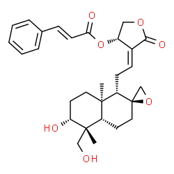 ChemSpider 2D Image | (3S,4E)-4-{2-[(1S,2S,4aS,5R,6R,8aR)-6-Hydroxy-5-(hydroxymethyl)-5,8a-dimethyloctahydro-1H-spiro[naphthalene-2,2'-oxiran]-1-yl]ethylidene}-5-oxotetrahydro-3-furanyl (2E)-3-phenylacrylate | C29H36O7