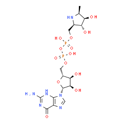 ChemSpider 2D Image | 5'-O-[{[{[(2R,3R,4R,5S)-3,4-Dihydroxy-5-methyl-2-pyrrolidinyl]methoxy}(hydroxy)phosphoryl]oxy}(hydroxy)phosphoryl]guanosine | C16H26N6O13P2