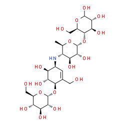 ChemSpider 2D Image | 4-O-(4,6-Dideoxy-4-{[(1S,4R,5R,6S)-4-(alpha-D-glucopyranosyloxy)-5,6-dihydroxy-3-(hydroxymethyl)-2-cyclohexen-1-yl]amino}-alpha-D-glucopyranosyl)-D-glucopyranose | C25H43NO18