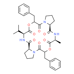 ChemSpider 2D Image | (9S,11aS,20S,22aS)-6,17-Dibenzyl-9-isopropyl-20-methyldodecahydrodipyrrolo[1,2-d:1',2'-m][1,10,4,7,13,16]dioxatetraazacyclooctadecine-5,8,11,16,19,22(6H,17H)-hexone | C36H44N4O8