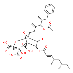 ChemSpider 2D Image | (1S,3S,4S,5R,6R,7R)-1-[(4S,5R)-4-Acetoxy-5-methyl-3-methylene-6-phenylhexyl]-6-{[(2E,4S,6S)-4,6-dimethyl-2-octenoyl]oxy}-4,7-dihydroxy(3,4-~14~C_2_)-2,8-dioxabicyclo[3.2.1]octane-3,4,5-tricarboxylic a
cid | C3314C2H46O14