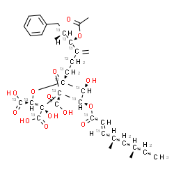 ChemSpider 2D Image | (1S,3S,4S,5R,6R,7R)-1-[(4S,5R)-4-Acetoxy-5-methyl-3-methylene-6-phenyl(1,2,3,4,5-~13~C_5_)hexyl]-6-{[(2E,4S,6S)-4,6-dimethyl(~13~C_8_)-2-octenoyl]oxy}-4,7-dihydroxy(~13~C_6_)-2,8-dioxabicyclo[3.2.1]oc
tane-3,4,5-(~13~C_3_)tricarboxylic acid | C1313C22H46O14