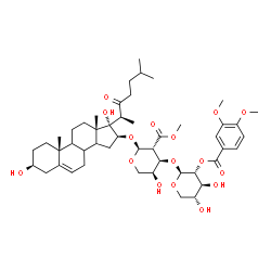 ChemSpider 2D Image | (3beta,8xi,9xi,14xi,16beta)-3,17-Dihydroxy-22-oxocholest-5-en-16-yl 2-deoxy-3-O-[2-O-(3,4-dimethoxybenzoyl)-beta-D-xylopyranosyl]-2-(methoxycarbonyl)-alpha-L-arabinopyranoside | C48H70O16