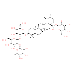 ChemSpider 2D Image | [(2S,3R,4S,5S,6R)-3,4,5-trihydroxy-6-(hydroxymethyl)tetrahydropyran-2-yl] (1S,2R,4aS,6aR,6aS,6bR,8aR,10S,12aR,14bS)-10-[(2R,3R,4S,5S,6R)-3-[(2S,3R,4S,5S,6R)-4,5-dihydroxy-6-(hydroxymethyl)-3-[(2S,3R,4R,5R,6S)-3,4,5-trihydroxy-6-methyl-tetrahydropyran-2-yl]oxy-tetrahydropyran-2-yl]oxy-4,5-dihydroxy-6-(hydroxymethyl)tetrahydropyran-2-yl]oxy-1,2,6a,6b,9,9,12a-heptamethyl-2,3,4,5,6,6a,7,8,8a,10,11,12,13,14b-tetradecahydro-1H-picene-4a-carboxylate | C54H88O22