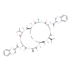 ChemSpider 2D Image | N-[(1R,4R,11S,14R,17S,21R,24R)-4,17-diisopropyl-3,11,13,16,24,26-hexamethyl-2,5,9,12,15,18,22,25-octaoxo-21-(quinoxaline-2-carbonylamino)-6,19-dioxa-28,30-dithia-3,10,13,16,23,26-hexazabicyclo[12.12.5]hentriacontan-8-yl]quinoxaline-2-carboxamide | C51H64N12O12S2