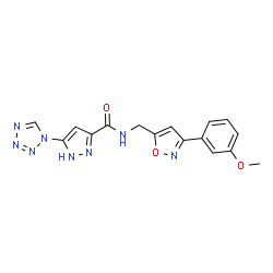 ChemSpider 2D Image | N-{[3-(3-Methoxyphenyl)-1,2-oxazol-5-yl]methyl}-5-(1H-tetrazol-1-yl)-1H-pyrazole-3-carboxamide | C16H14N8O3