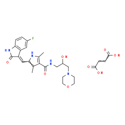 ChemSpider 2D Image | 5-[(E)-(5-Fluoro-2-oxo-1,2-dihydro-3H-indol-3-ylidene)methyl]-N-[2-hydroxy-3-(4-morpholinyl)propyl]-2,4-dimethyl-1H-pyrrole-3-carboxamide (2E)-2-butenedioate (1:1) | C27H31FN4O8