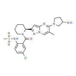 ChemSpider 2D Image | N-[2-({(2S)-2-[5-(3-Amino-1-pyrrolidinyl)-6-methylpyrazolo[1,5-a]pyrimidin-2-yl]-1-piperidinyl}carbonyl)-4-chlorophenyl]methanesulfonamide | C24H30ClN7O3S