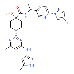 ChemSpider 2D Image | cis-N-{1-[6-(4-Fluoro-1H-pyrazol-1-yl)-3-pyridinyl]ethyl}-1-methoxy-4-{4-methyl-6-[(5-methyl-1H-pyrazol-3-yl)amino]-2-pyrimidinyl}cyclohexanecarboxamide | C27H32FN9O2