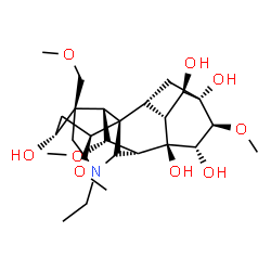 ChemSpider 2D Image | (1alpha,3beta,6beta,8alpha,9alpha,14alpha,15beta,16alpha)-20-Ethyl-1,6,16-trimethoxy-4-(methoxymethyl)aconitane-3,8,13,14,15-pentol | C25H41NO9