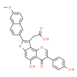 ChemSpider 2D Image | [5-Hydroxy-3-(4-hydroxyphenyl)-8-(6-methoxy-2-naphthyl)-4-oxo-4H-furo[2,3-h]chromen-9-yl]acetic acid | C30H20O8
