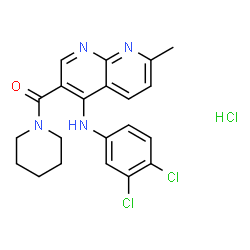 ChemSpider 2D Image | {4-[(3,4-Dichlorophenyl)amino]-7-methyl-1,8-naphthyridin-3-yl}(1-piperidinyl)methanone hydrochloride (1:1) | C21H21Cl3N4O