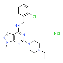 ChemSpider 2D Image | N-(2-Chlorobenzyl)-6-(4-ethyl-1-piperazinyl)-1-methyl-1H-pyrazolo[3,4-d]pyrimidin-4-amine hydrochloride (1:1) | C19H25Cl2N7