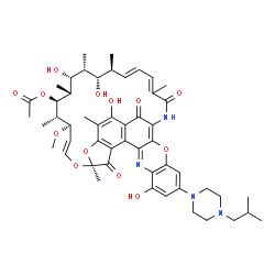 ChemSpider 2D Image | (7S,9E,11R,12S,13S,14R,15R,16R,17S,18S,19E)-2,15,17,32-Tetrahydroxy-30-(4-isobutyl-1-piperazinyl)-11-methoxy-3,7,12,14,16,18,22-heptamethyl-6,23,37-trioxo-8,27,38-trioxa-24,34-diazahexacyclo[23.11.1.1
~4,7~.0~5,36~.0~26,35~.0~28,33~]octatriaconta-1(36),2,4,9,19,21,25,28,30,32,34-undecaen-13-yl acetate | C51H64N4O13