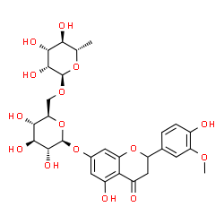 ChemSpider 2D Image | 5-Hydroxy-2-(4-hydroxy-3-methoxyphenyl)-4-oxo-3,4-dihydro-2H-chromen-7-yl 6-O-(6-deoxy-alpha-L-mannopyranosyl)-beta-D-glucopyranoside | C28H34O15
