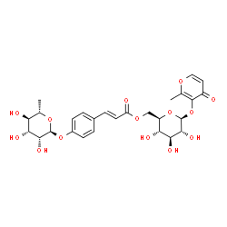 ChemSpider 2D Image | 2-Methyl-4-oxo-4H-pyran-3-yl 6-O-[(2E)-3-{4-[(6-deoxy-alpha-L-mannopyranosyl)oxy]phenyl}-2-propenoyl]-beta-D-glucopyranoside | C27H32O14