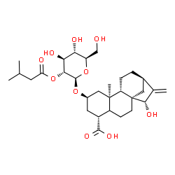 ChemSpider 2D Image | (1R,5R,7R,9R,10S,13R,15S)-15-Hydroxy-9-methyl-7-{[2-O-(3-methylbutanoyl)-beta-D-glucopyranosyl]oxy}-14-methylenetetracyclo[11.2.1.0~1,10~.0~4,9~]hexadecane-5-carboxylic acid | C30H46O10