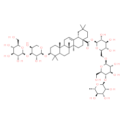 ChemSpider 2D Image | 6-Deoxy-alpha-L-mannopyranosyl-(1->4)-beta-D-glucopyranosyl-(1->6)-1-O-[(3beta,5xi,9xi)-3-{[3-O-(beta-D-glucopyranosyl)-alpha-L-arabinopyranosyl]oxy}-28-oxoolean-12-en-28-yl]-beta-D-glucopyranose | C59H96O26