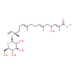 ChemSpider 2D Image | Methyl (2E,6E,10E,14S)-14-(beta-D-glucopyranosyloxy)-4-hydroxy-2,6,10,14-tetramethyl-2,6,10,15-hexadecatetraenoate | C27H44O9