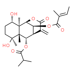 ChemSpider 2D Image | (1R,2S,3S,6S,7R,8S,9S,13S)-3,6-Dihydroxy-8-(isobutyryloxy)-2,6,7-trimethyl-10-methylene-11-oxo-12-oxatricyclo[7.3.1.0~2,7~]tridec-13-yl (2E)-2-methyl-2-butenoate | C25H36O8