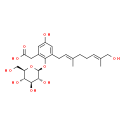 ChemSpider 2D Image | {2-(beta-D-Glucopyranosyloxy)-5-hydroxy-3-[(2E,6E)-8-hydroxy-3,7-dimethyl-2,6-octadien-1-yl]phenyl}acetic acid | C24H34O10
