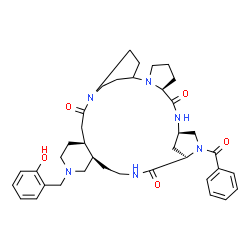 ChemSpider 2D Image | (6S,9R,12R,17R,22S)-11-Benzoyl-19-(2-hydroxybenzyl)-2,8,11,14,19,25-hexaazapentacyclo[23.2.2.1~9,12~.0~2,6~.0~17,22~]triacontane-7,13,24-trione | C38H50N6O5