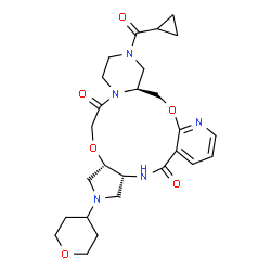 ChemSpider 2D Image | (6aR,9aS,17aS)-16-(Cyclopropylcarbonyl)-8-(tetrahydro-2H-pyran-4-yl)-6,6a,7,8,9,9a,14,15,16,17,17a,18-dodecahydro-5H-pyrazino[2,1-c]pyrido[3,2-l]pyrrolo[3,4-h][1,7,4,10]dioxadiazacyclotridecine-5,12(1
1H)-dione | C26H35N5O6