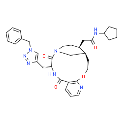 ChemSpider 2D Image | 2-{(1R,13R,18S)-13-[(1-Benzyl-1H-1,2,3-triazol-4-yl)methyl]-11,14-dioxo-4-oxa-6,12,15-triazatricyclo[13.3.1.0~5,10~]nonadeca-5,7,9-trien-18-yl}-N-cyclopentylacetamide | C32H39N7O4